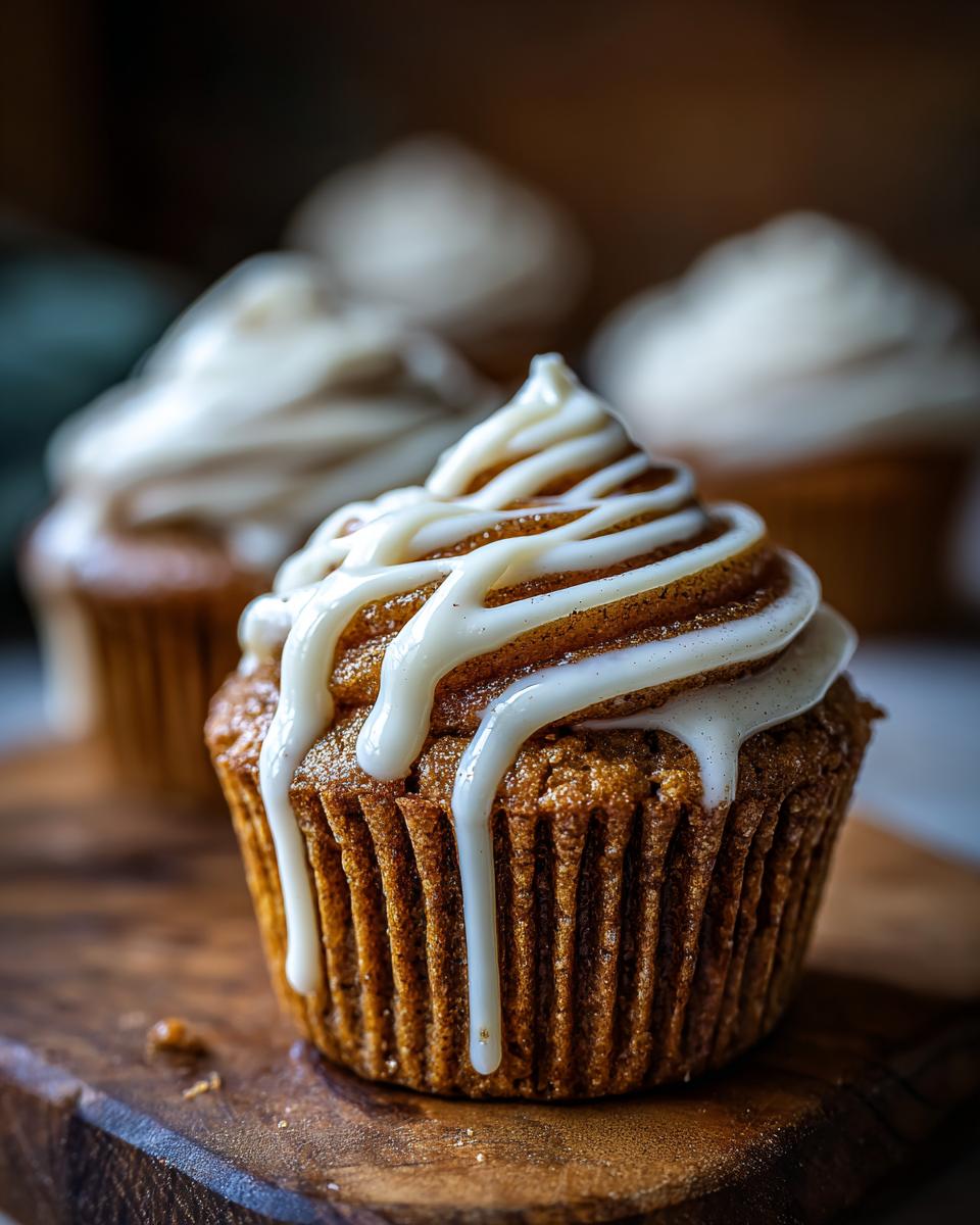Close-up of a Golden Swirl Cinnamon Roll Cupcake Cozy Treat with icing drizzled on top, sitting on a wooden board.