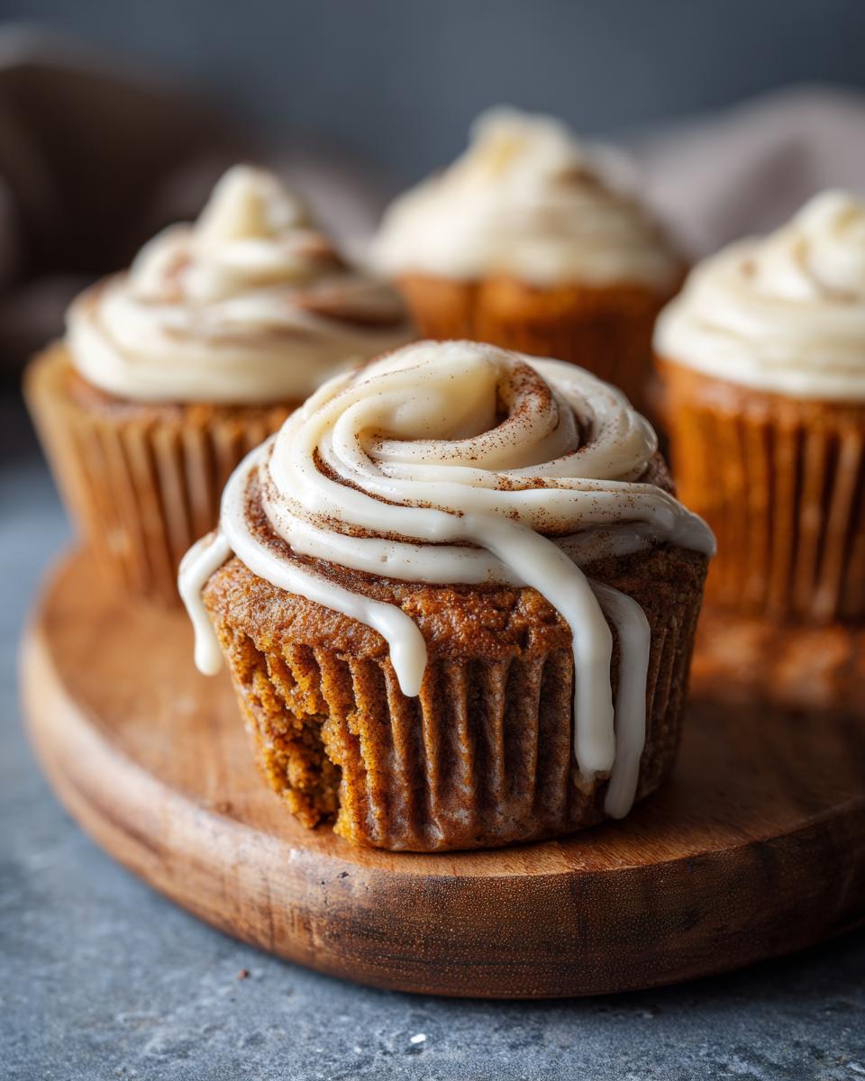 Close-up of Golden Swirl Cinnamon Roll Cupcakes with white icing and cinnamon dusting on a wooden board.