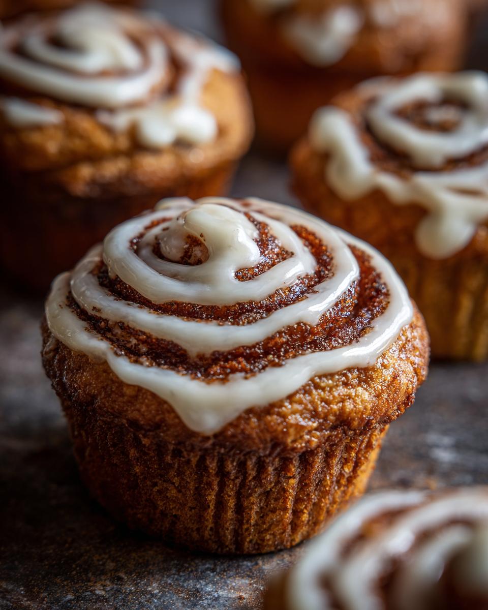 Close-up of Golden Swirl Cinnamon Roll Cupcakes with creamy icing. A cozy treat.