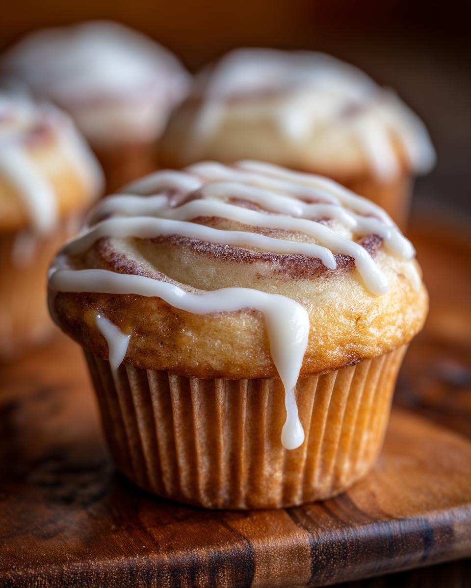 Close-up of a Golden Swirl Cinnamon Roll Cupcake with icing drizzle on a wooden board.