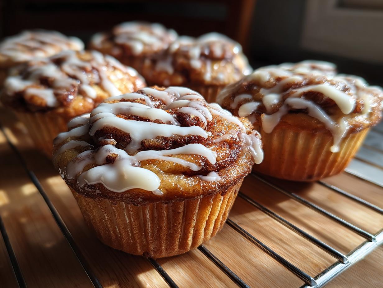 Close-up of Golden Swirl Cinnamon Roll Cupcakes, a cozy treat with icing on a wire rack.