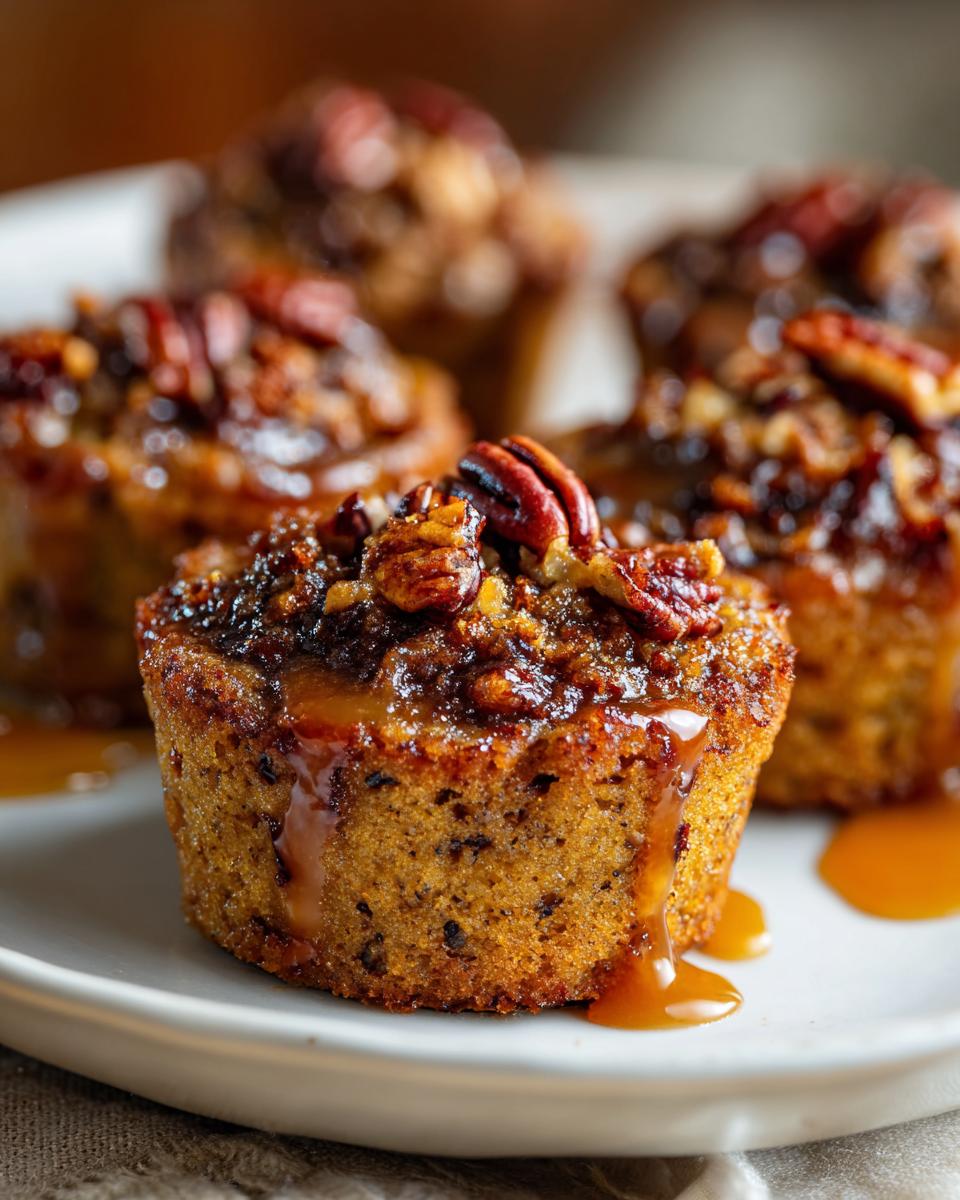 Close-up of Gooey Pecan Pie Cupcakes with pecan topping and caramel drizzle on a white plate.