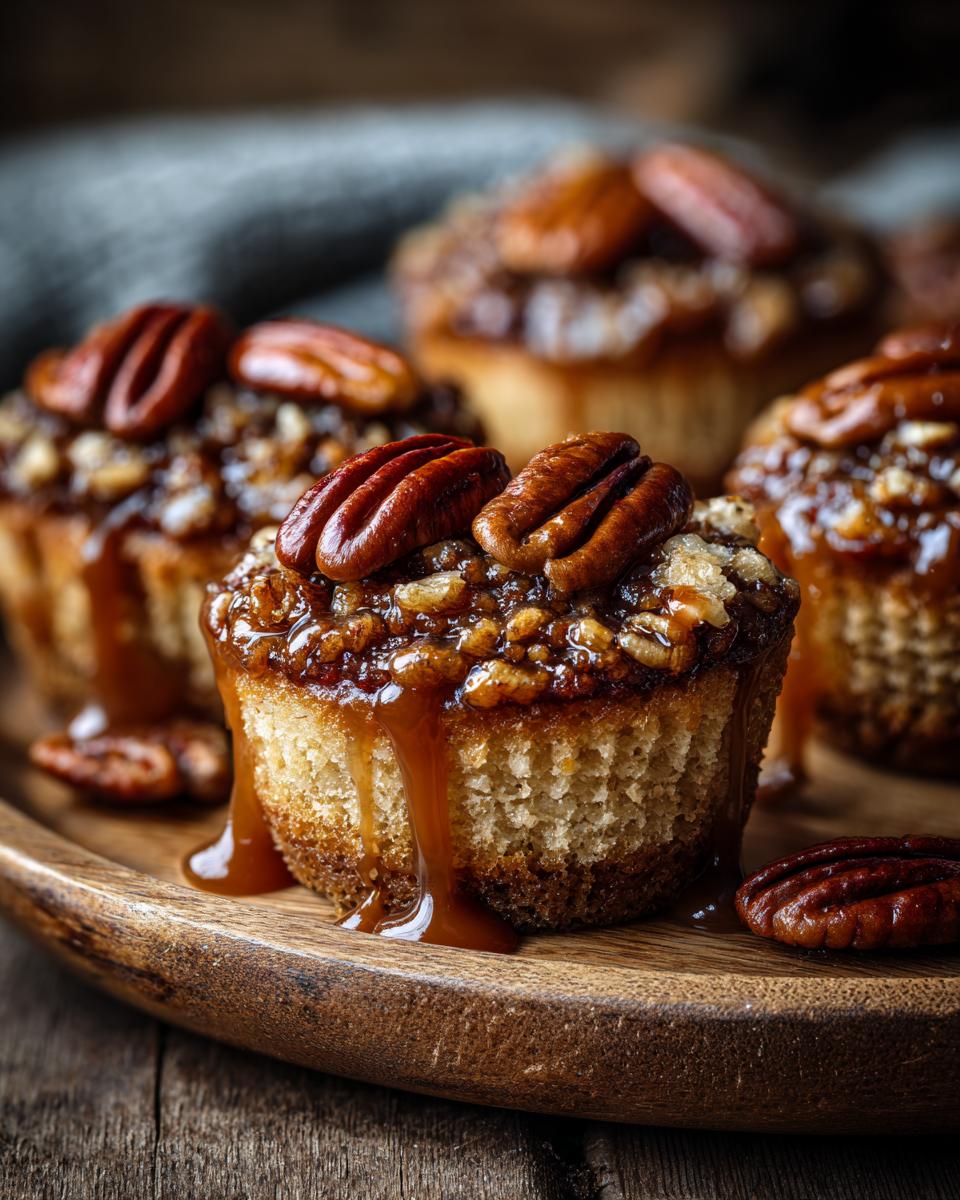 Close-up of Gooey Pecan Pie Cupcakes with caramel drizzle and pecan halves on a wooden plate.