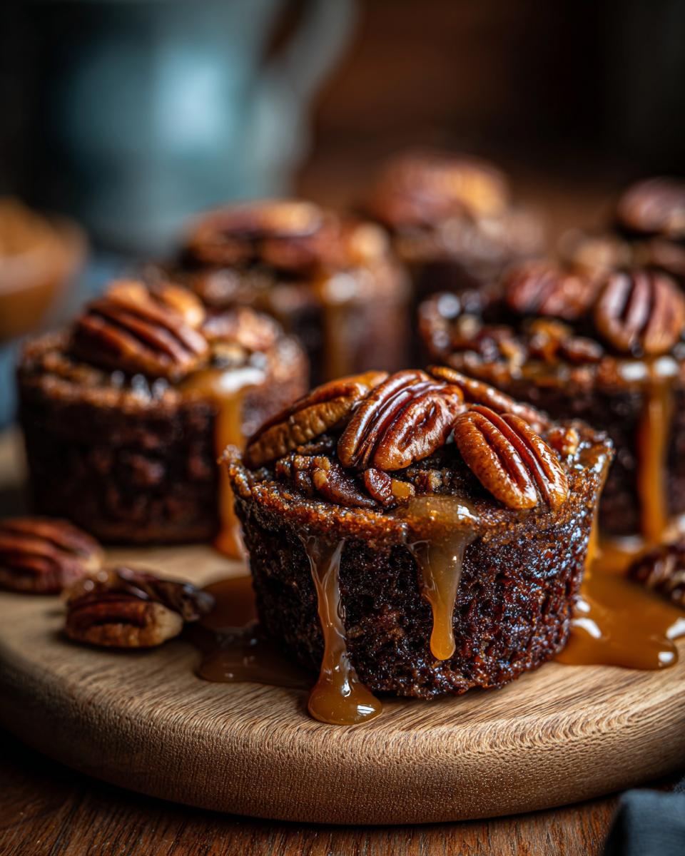 Close-up of Gooey Pecan Pie Cupcakes with caramel drizzle and pecan topping on a wooden board.