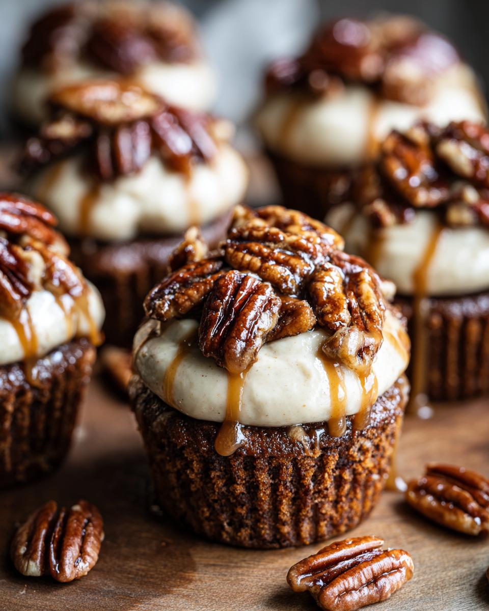 Close-up of Gooey Pecan Pie Cupcakes topped with frosting and glazed pecans, drizzled with caramel.