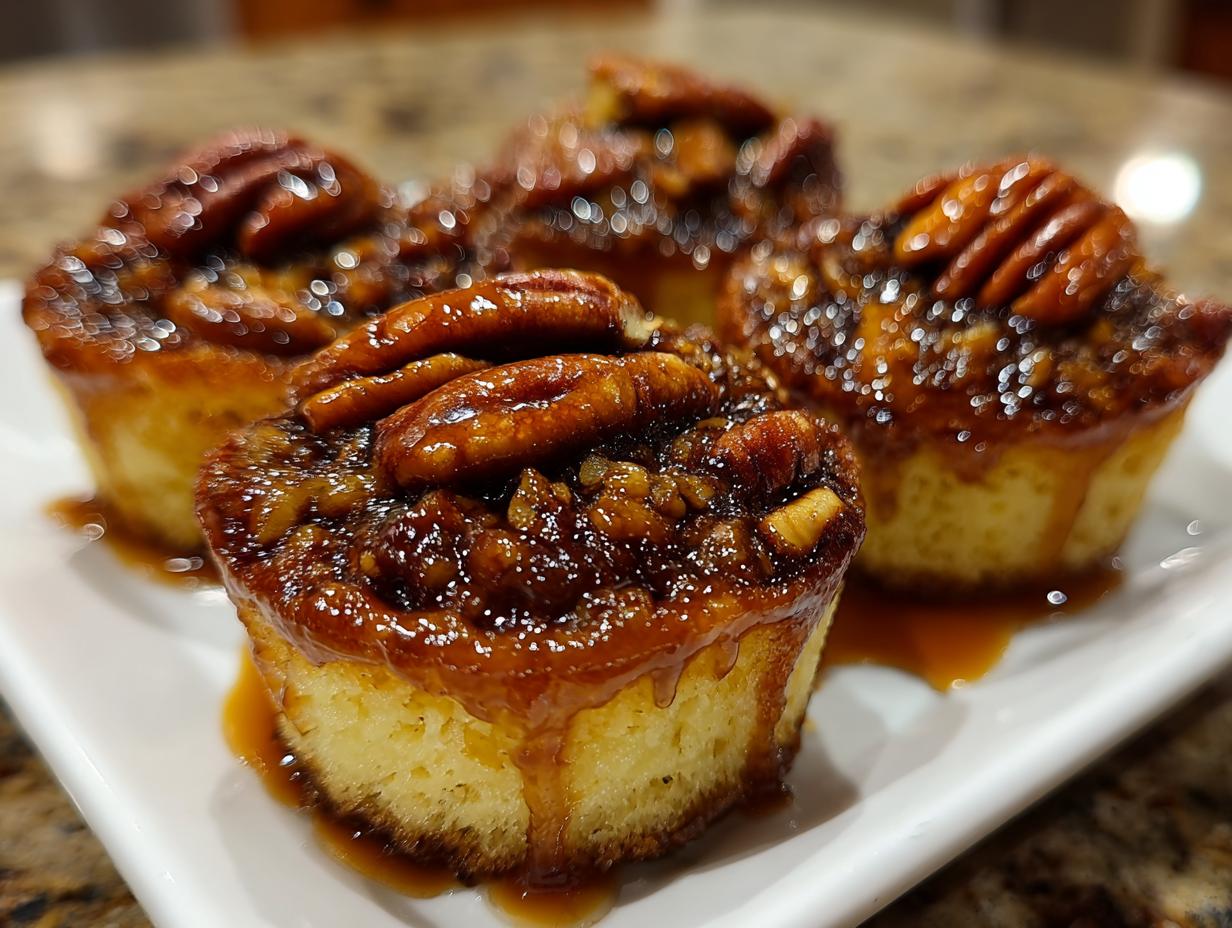 Four Gooey Pecan Pie Cupcakes on a white plate, showcasing the pecan topping and caramel drizzle.