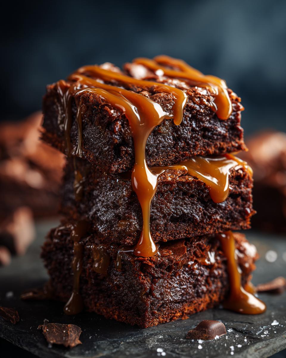 A tempting stack of three Gooey Salted Caramel Brownies, drizzled with caramel sauce.
