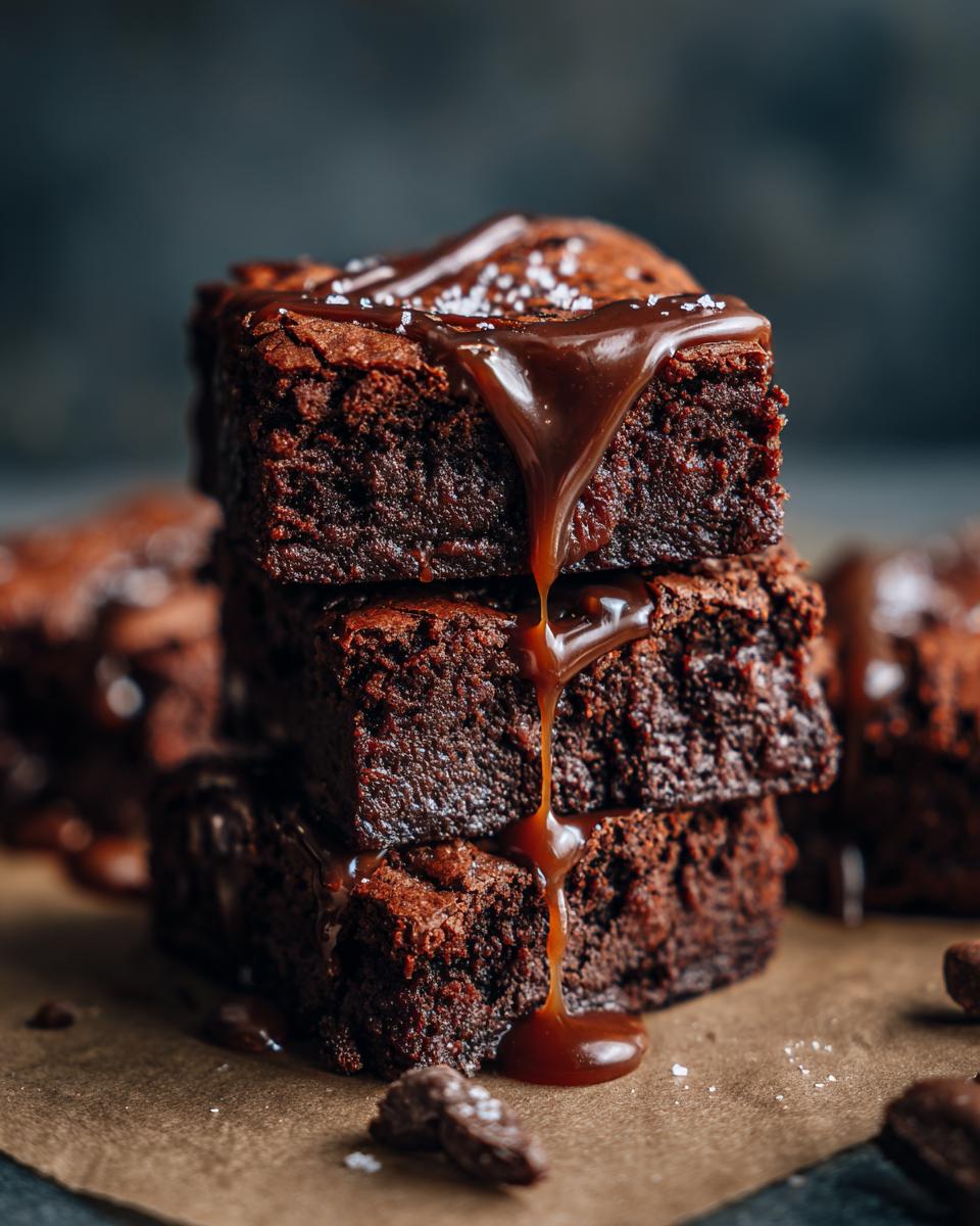 A stack of three gooey salted caramel brownies, drizzled with caramel and sprinkled with sea salt.