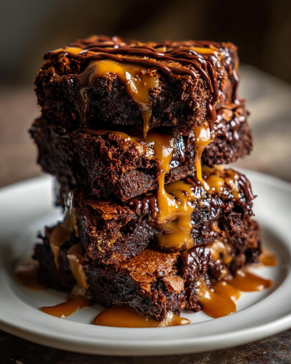A tempting stack of Gooey Salted Caramel Brownies drizzled with caramel and chocolate on a white plate.