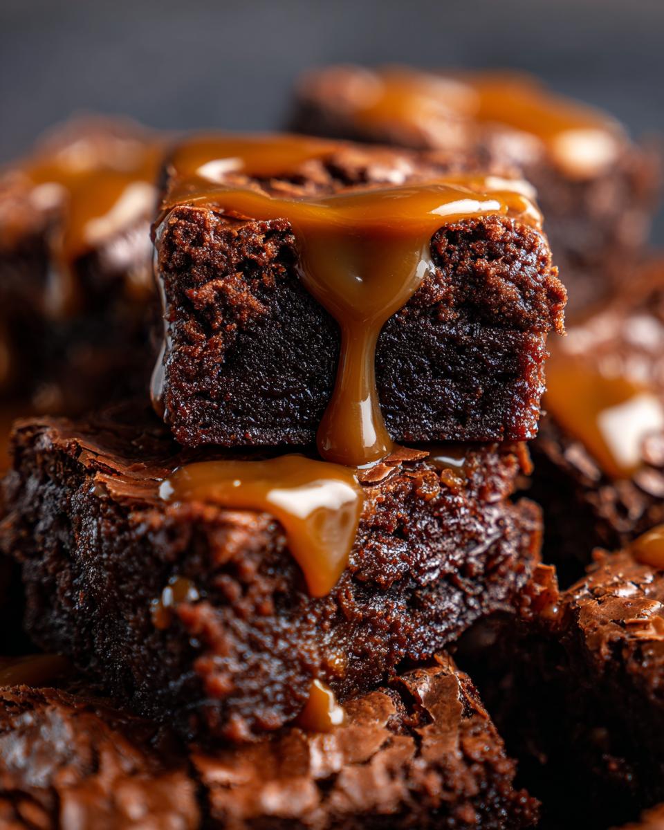 A stack of Gooey Salted Caramel Brownies with caramel sauce dripping down the sides.