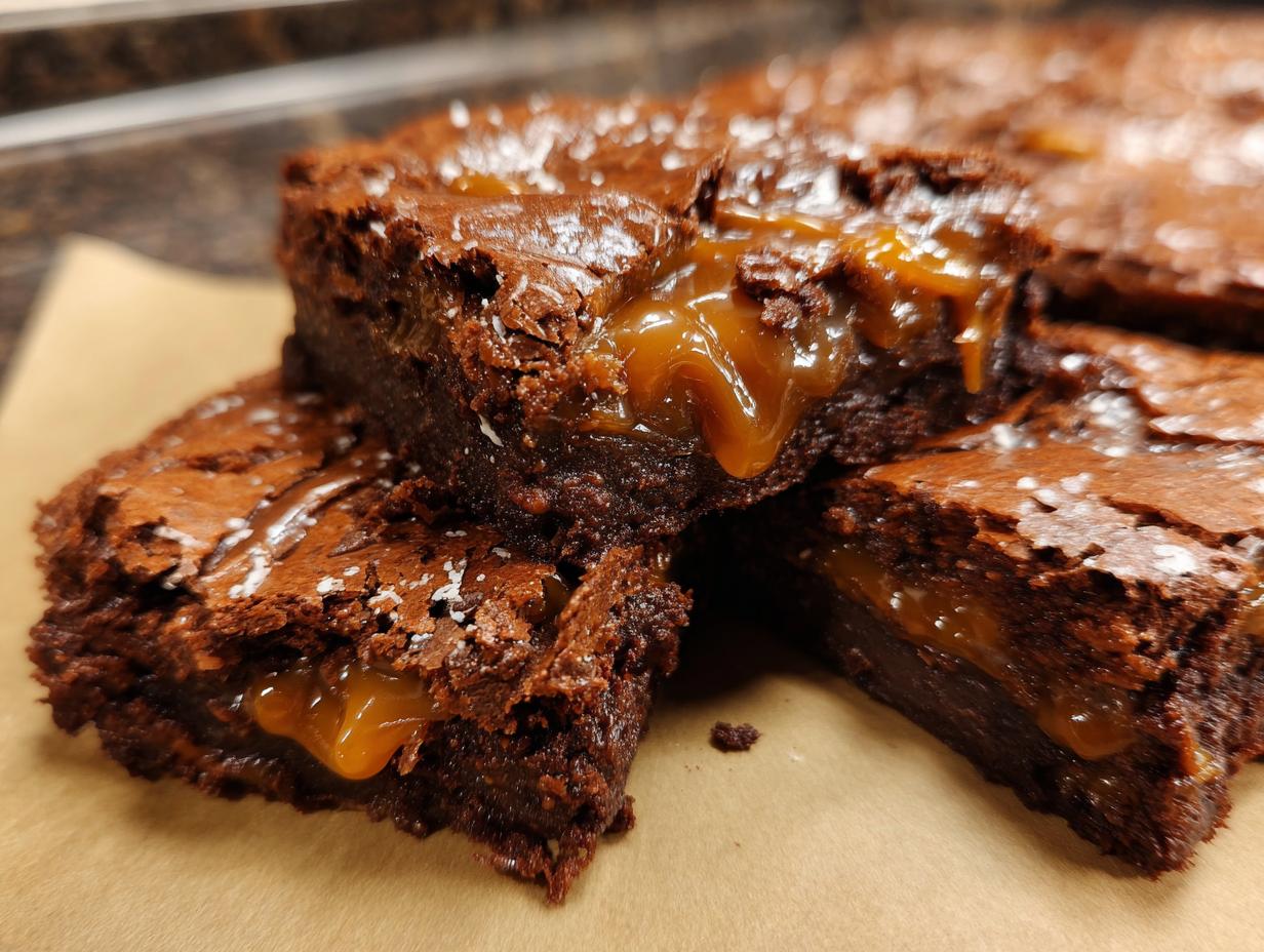 A stack of delicious Gooey Salted Caramel Brownies with caramel oozing out, sprinkled with sea salt.