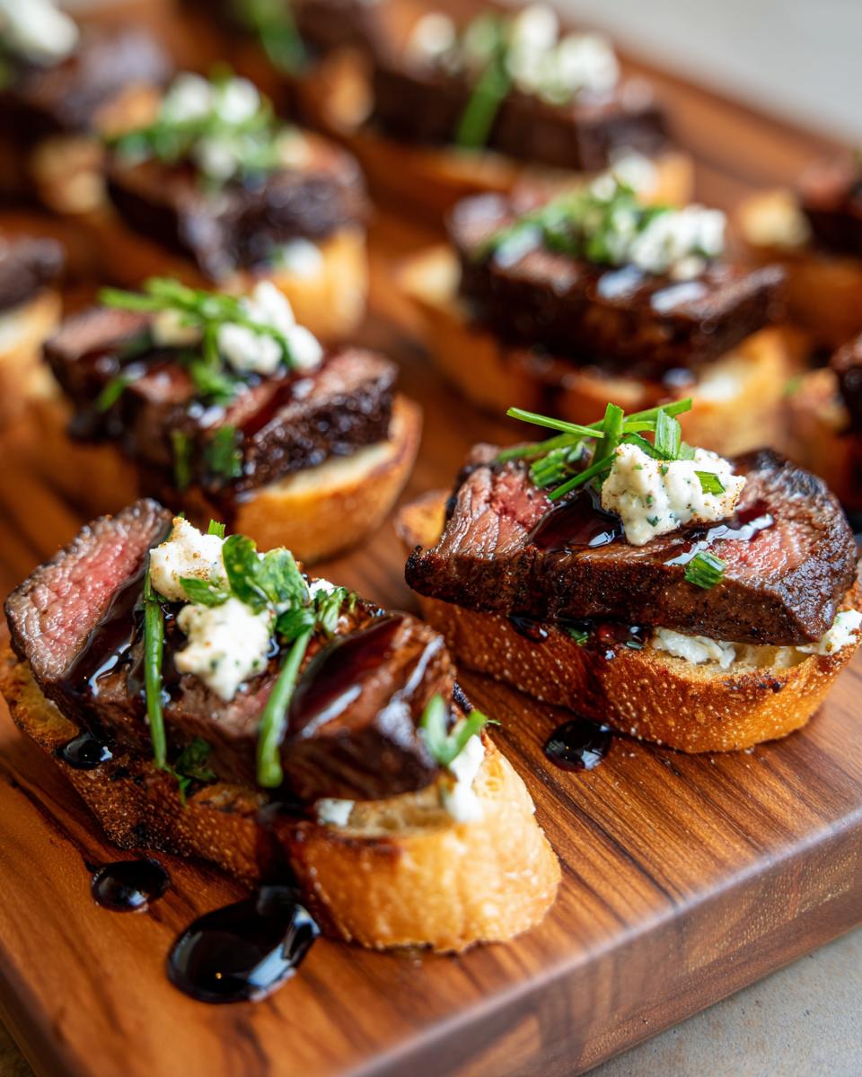 Close-up of 30-Min Gourmet Steak Crostini Bites on a wooden serving board, garnished with herbs and sauce.