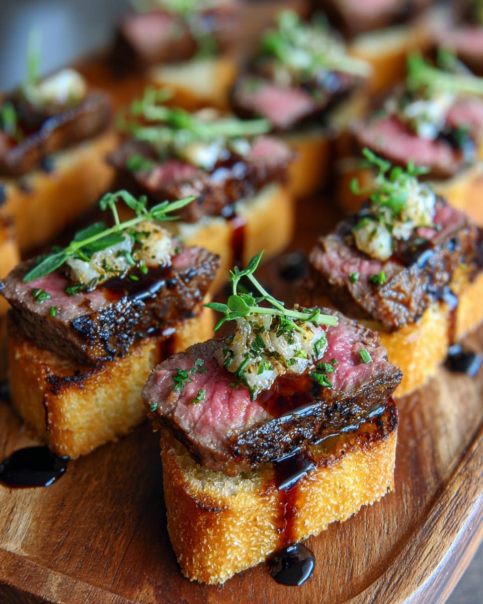 Close-up of 30-Min Gourmet Steak Crostini Bites on a wooden platter, topped with herbs and sauce.