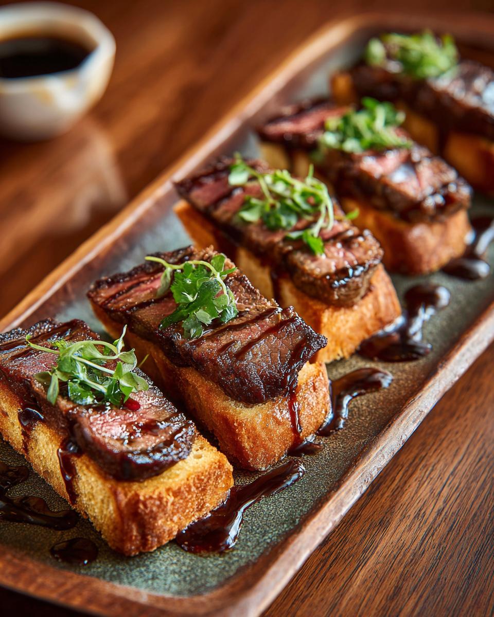 A platter of delicious 30-Min Gourmet Steak Crostini Bites, drizzled with sauce and garnished with fresh herbs.