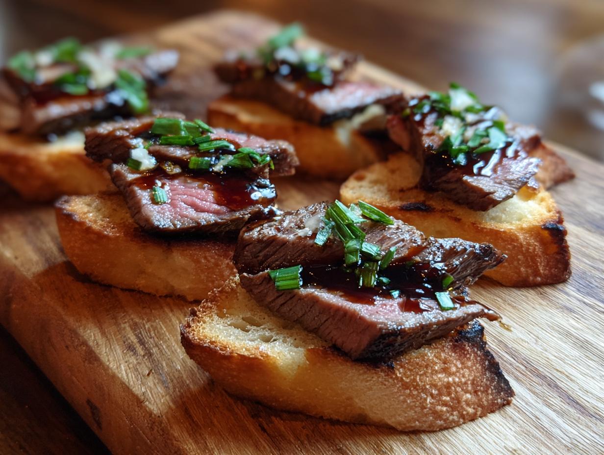Close-up of 30-Min Gourmet Steak Crostini Bites, featuring sliced steak on toasted bread with a savory sauce and chives.