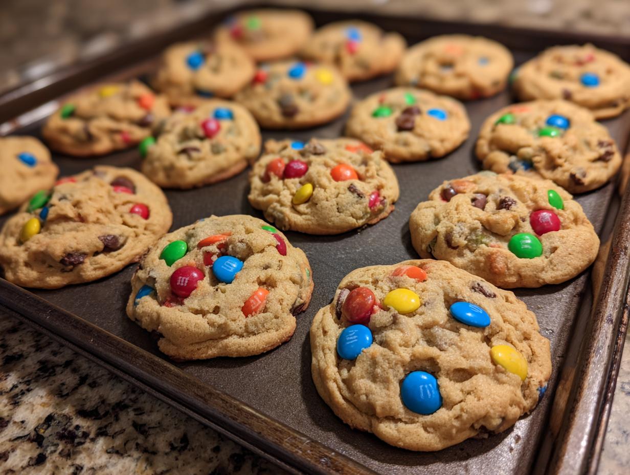 Freshly baked tray of Grandma's Best Soft & Chewy M&M Cookies, featuring colorful M&Ms and chocolate chips.