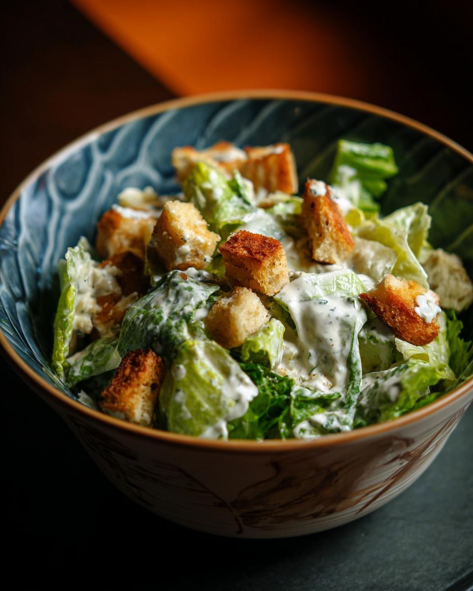 A bowl of Grandma's Caesar Salad, featuring crisp romaine lettuce, creamy dressing, and golden croutons.