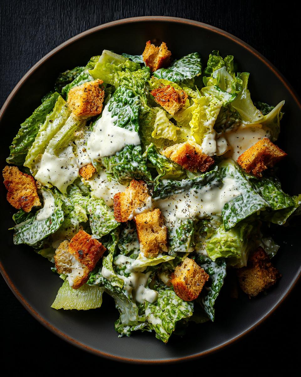 Overhead shot of a Caesar Salad featuring romaine lettuce, creamy dressing, and golden brown croutons.