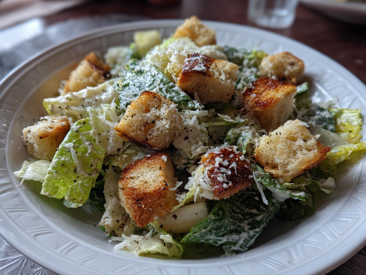 Overhead view of a Caesar Salad with romaine lettuce, creamy dressing, croutons, and parmesan cheese.