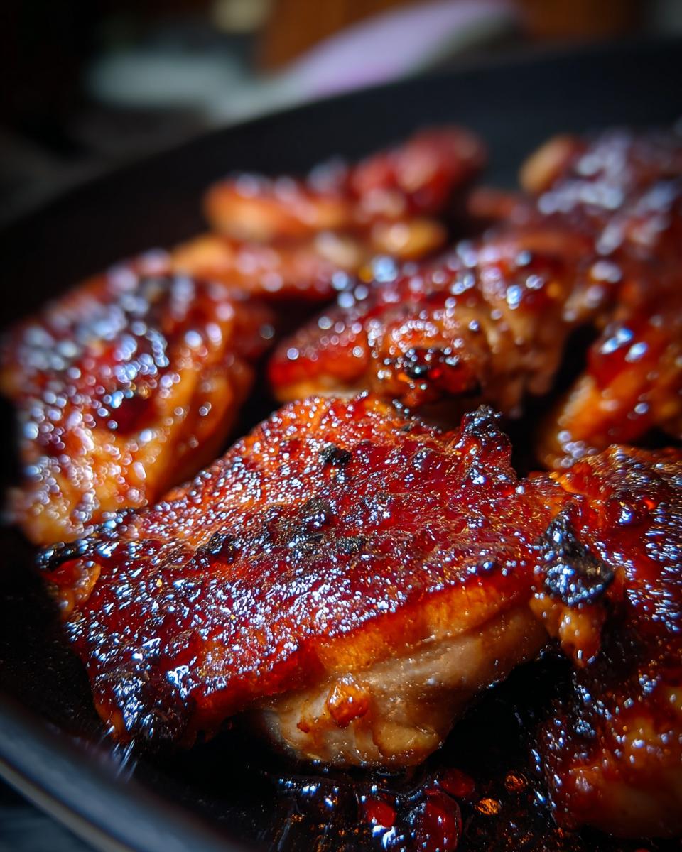 Close-up of glazed Honey Chicken pieces on a dark plate, glistening with a sweet and savory sauce.