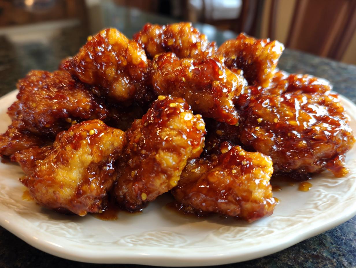 A plate of glistening, golden brown Honey Chicken pieces, ready to be devoured.