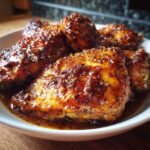 Close-up of glazed Honey Chicken thighs in a bowl, showcasing a rich, savory sauce and seasonings.