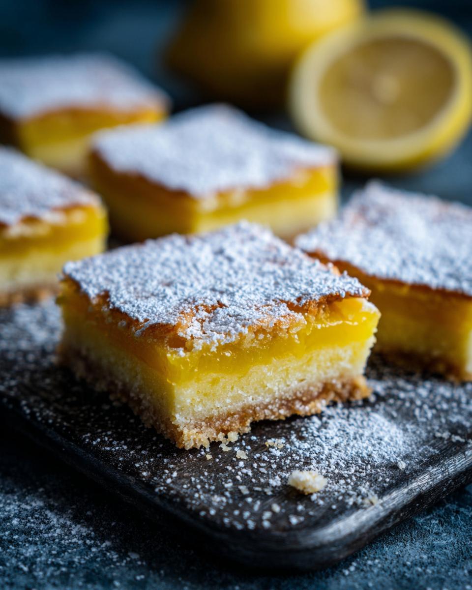 Close-up of several lemon bars topped with powdered sugar on a dark wooden board. Fresh lemon in background.