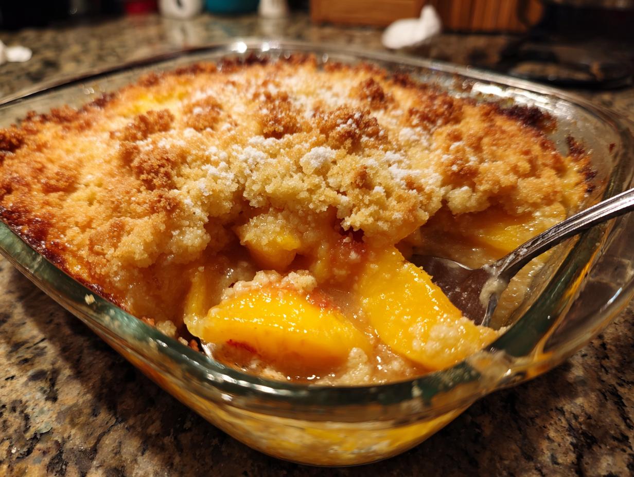 Close-up of Grandma's The Peach Cobbler in a glass baking dish with a spoon taking a serving.