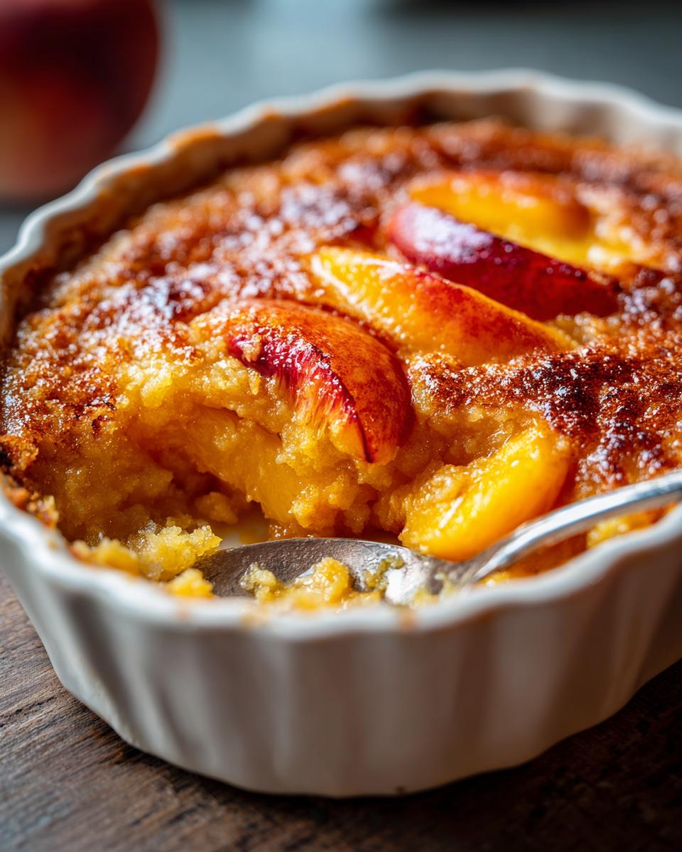 Close-up of Grandma's The Peach Cobbler in a white baking dish with a spoon taking a bite.