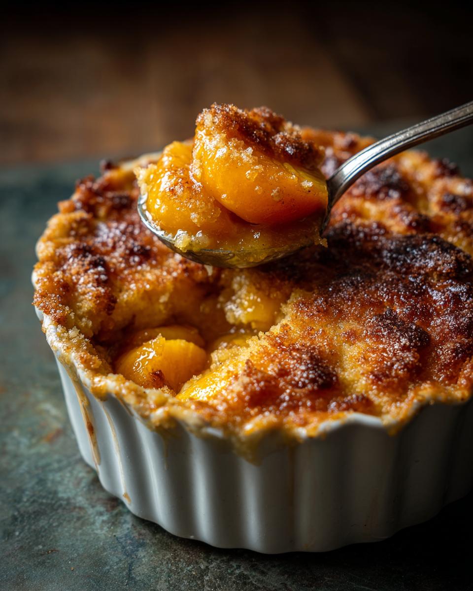 Close-up of Grandma's The Peach Cobbler in a ramekin with a spoonful being lifted.