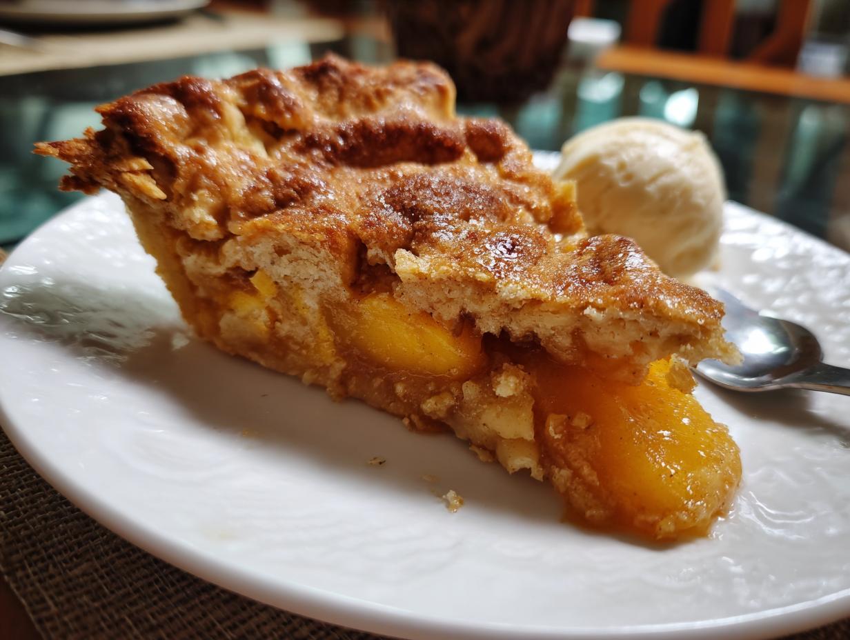 A slice of Grandma's The Peach Cobbler served with a scoop of vanilla ice cream on a white plate.