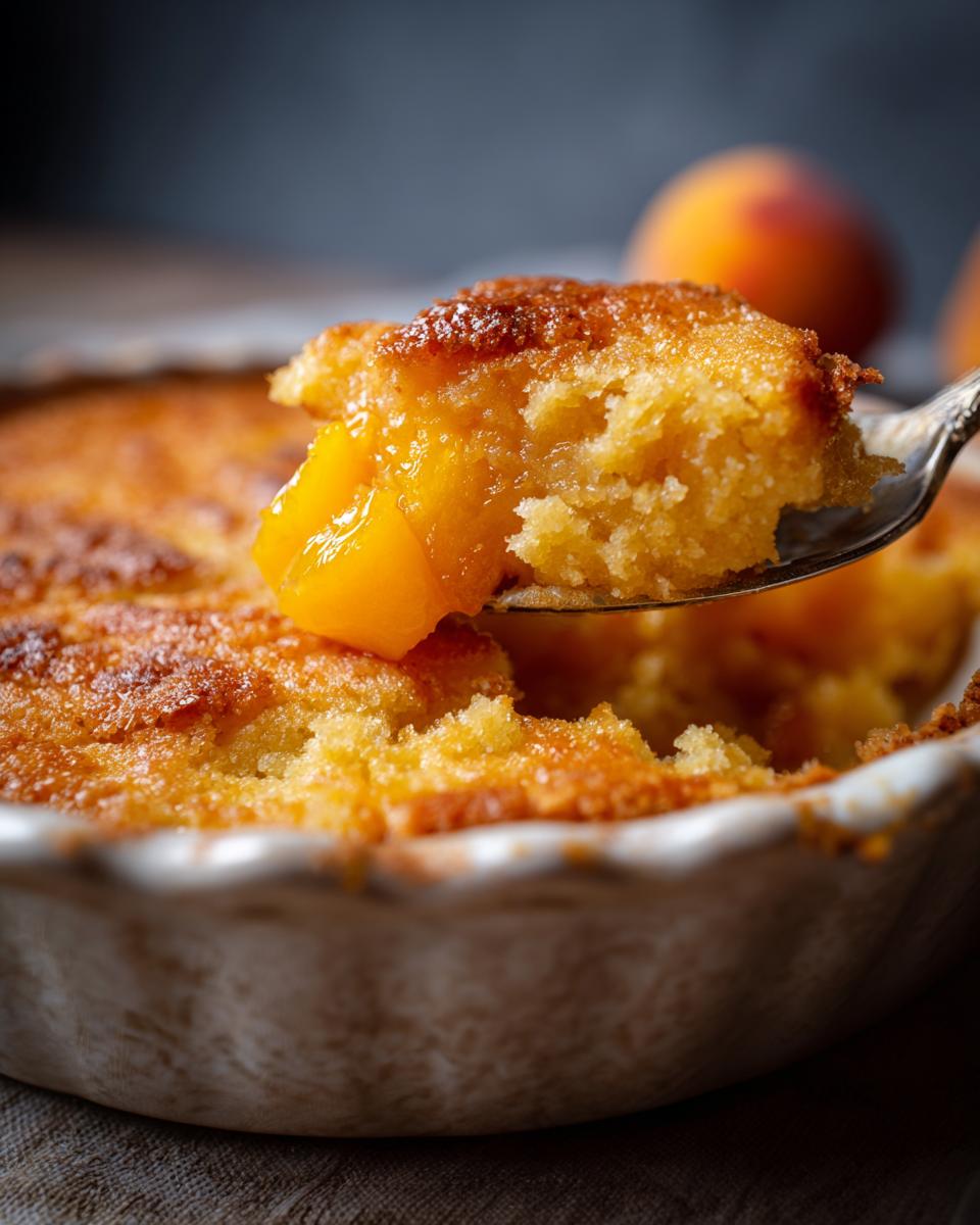 Spoonful of Grandma's The Peach Cobbler, showing the peach filling and golden crust.