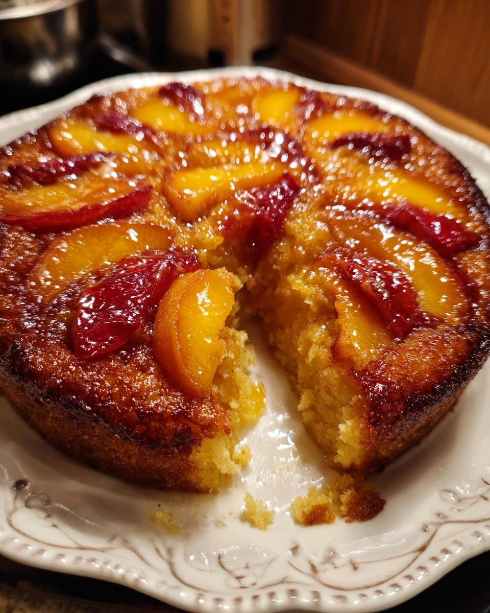 A freshly baked The Peach Cobbler with a slice missing, revealing the soft interior.