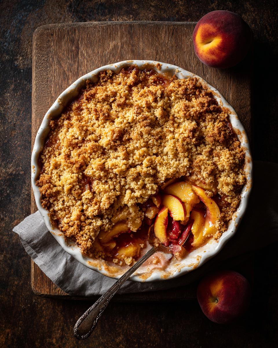 Overhead shot of a delicious homemade peach crumble with a spoon, ready to be served.