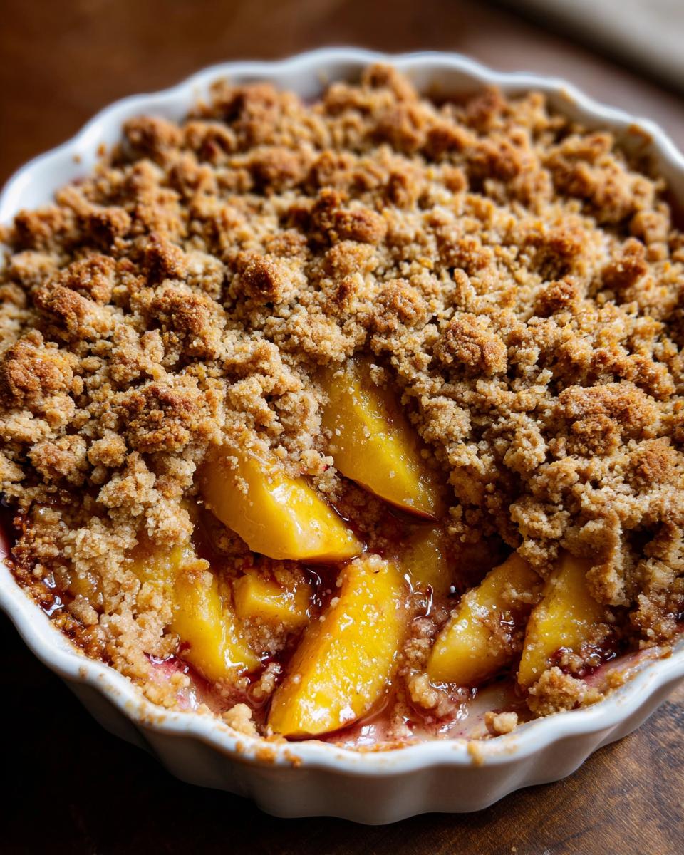 Close-up of Grandma's Peach Crumble in a white baking dish, featuring golden peaches and a crispy crumble topping.