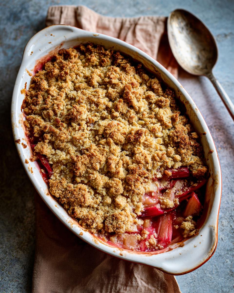 Overhead view of a freshly baked Rhubarb Crisp in an oval baking dish with a golden brown topping.