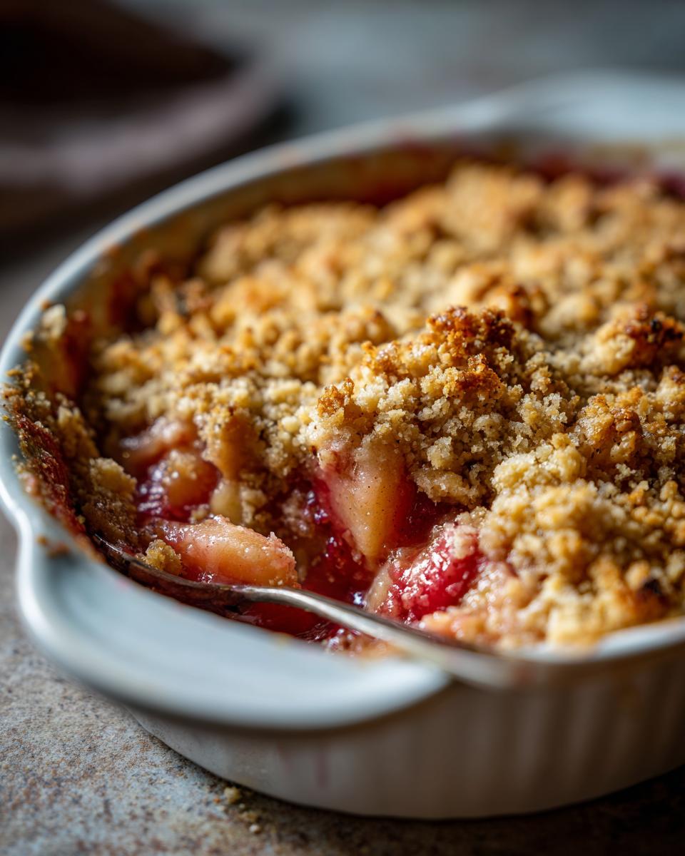 Close-up of Grandma's Rhubarb Crisp in a white baking dish with a spoon scooping out a serving.