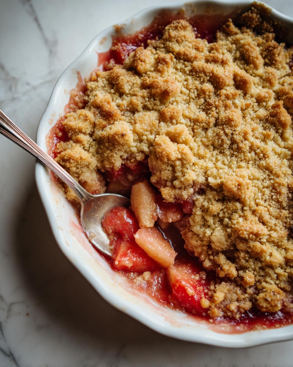 Overhead shot of Grandma's Rhubarb Crisp in a white baking dish with a spoon scooping out a serving.