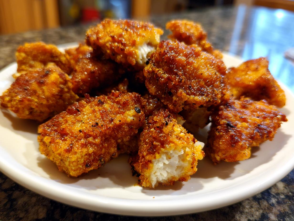 A plate of golden-brown Star Chicken, fried and ready to eat. Crispy coating and tender chicken inside.