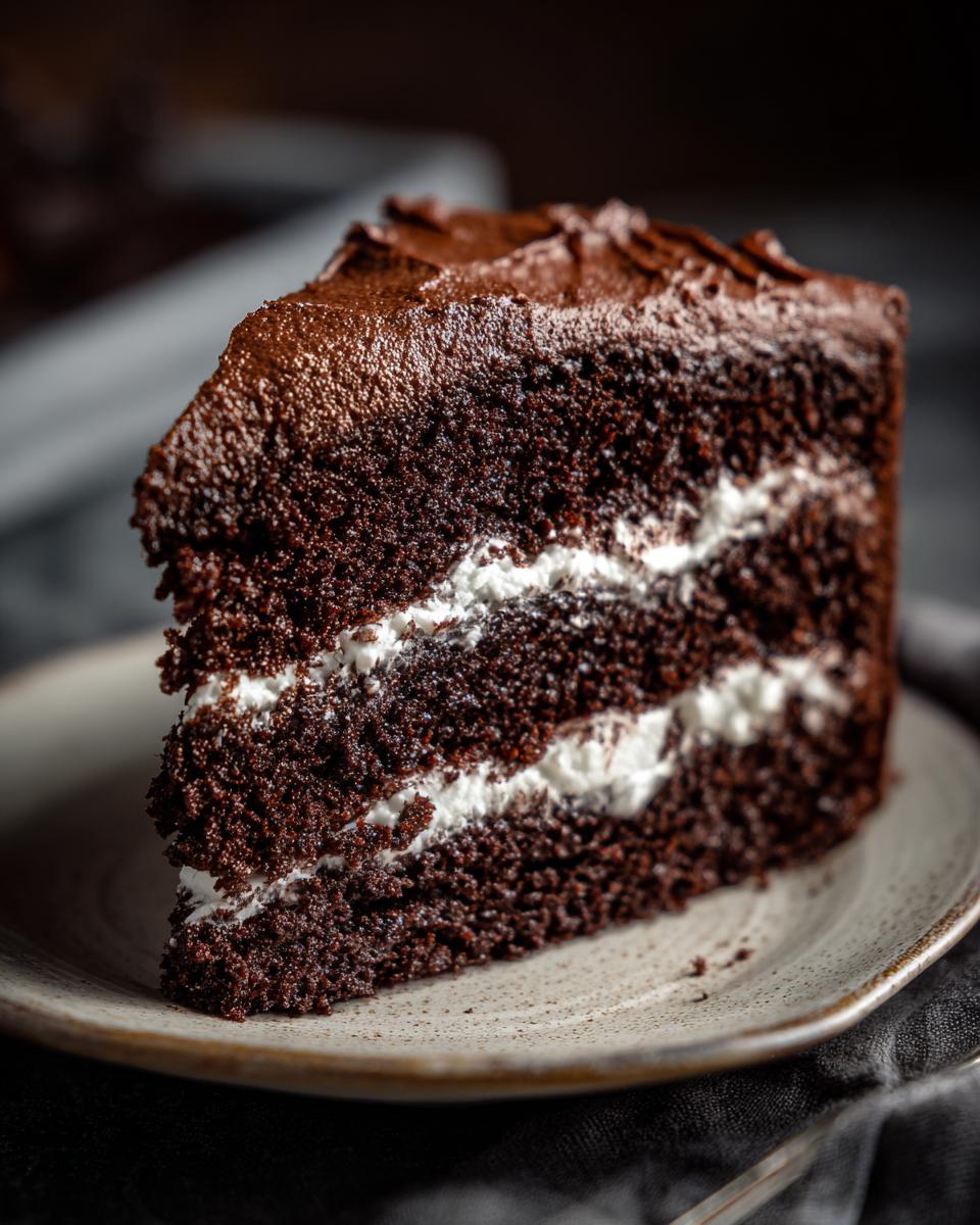A decadent slice of Grandma's The Chocolate Cake with layers of rich chocolate cake and creamy white frosting.