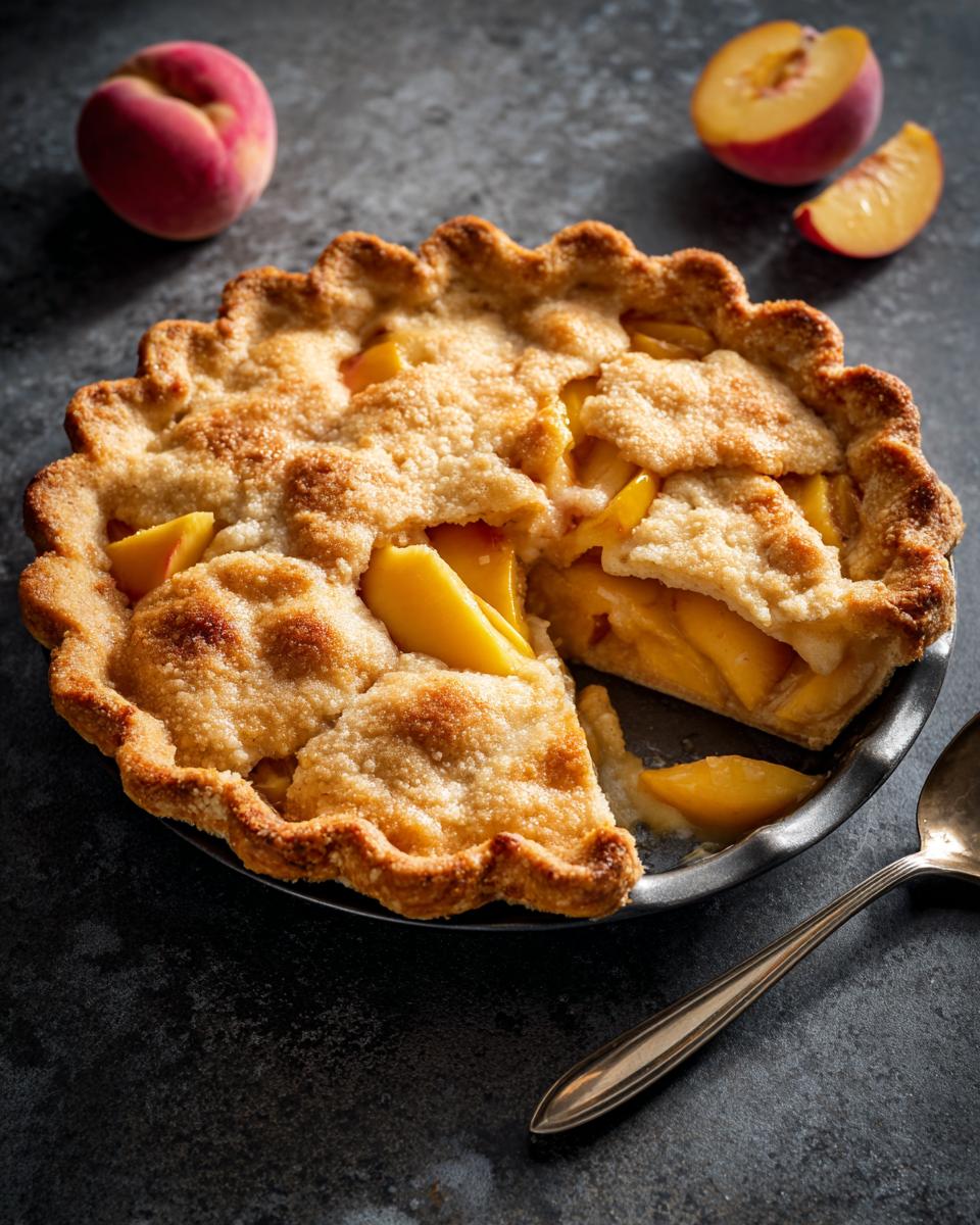 A delicious, golden-brown The Peach Cobbler with a slice removed, revealing juicy peaches.