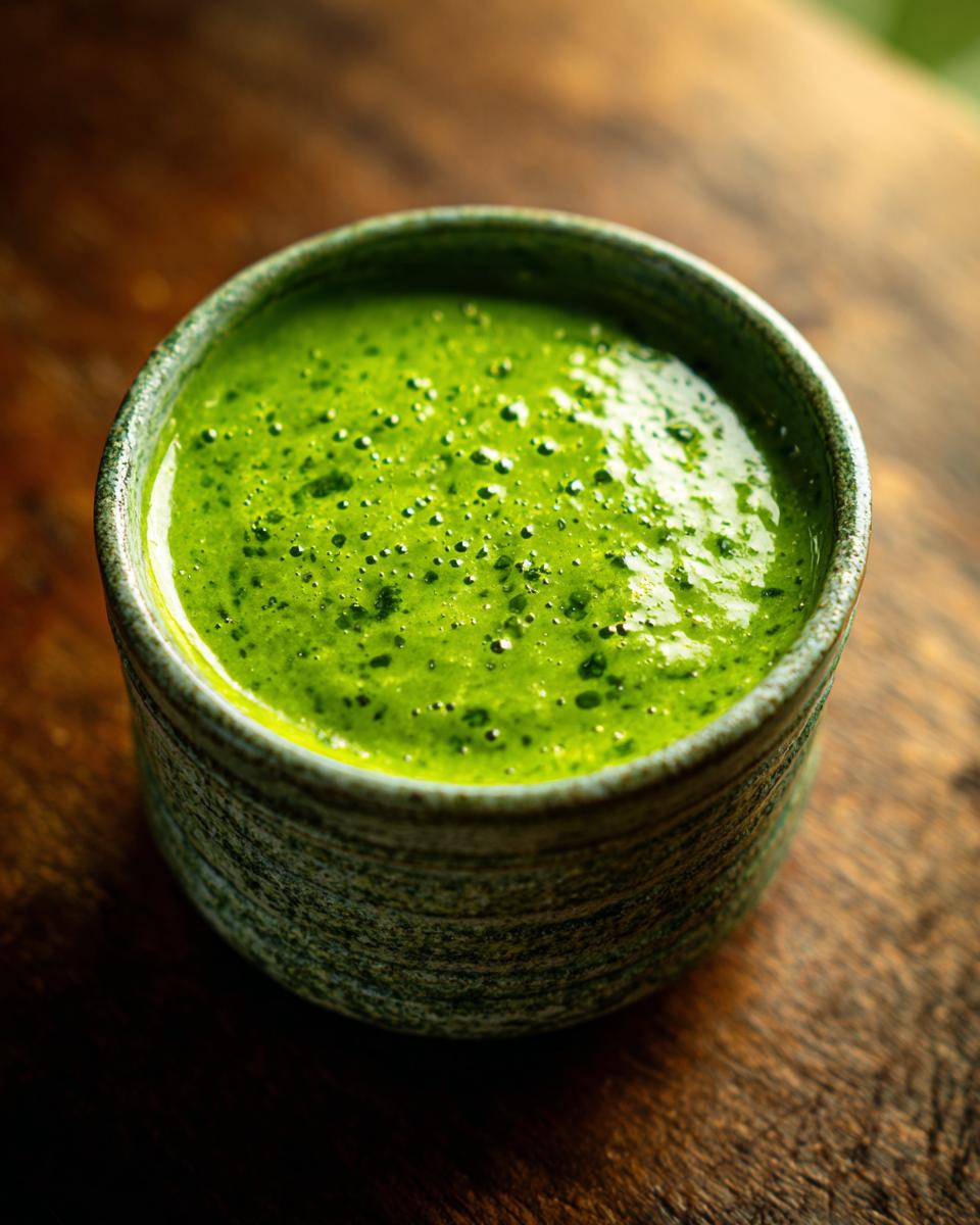 Close-up of The Green Detox Smoothie in a textured ceramic bowl on a wooden surface.
