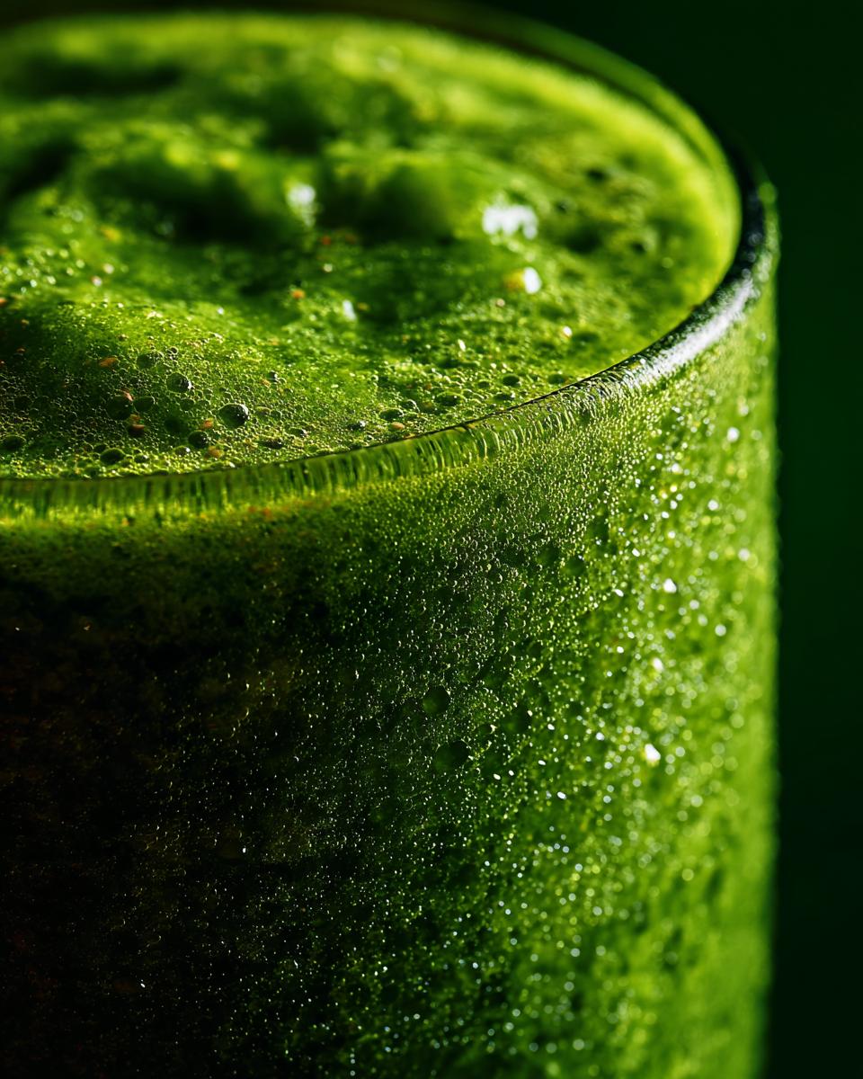 Detailed close-up of a vibrant Green Detox Smoothie in a glass, showing texture and condensation.