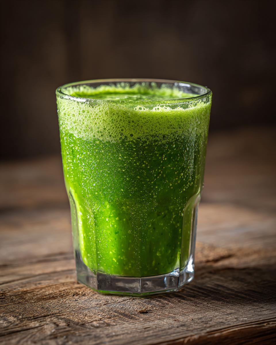 A glass filled with a vibrant Green Detox Smoothie, showcasing its texture and color on a wooden surface.