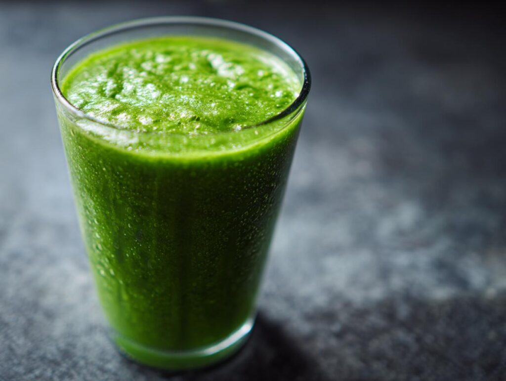 A vibrant green detox smoothie in a clear glass, showcasing its healthy and refreshing qualities.