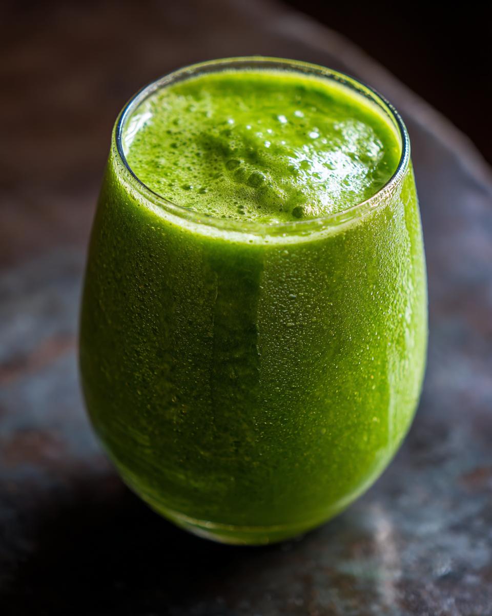 A vibrant green detox smoothie in a clear glass, showcasing its fresh and healthy ingredients.