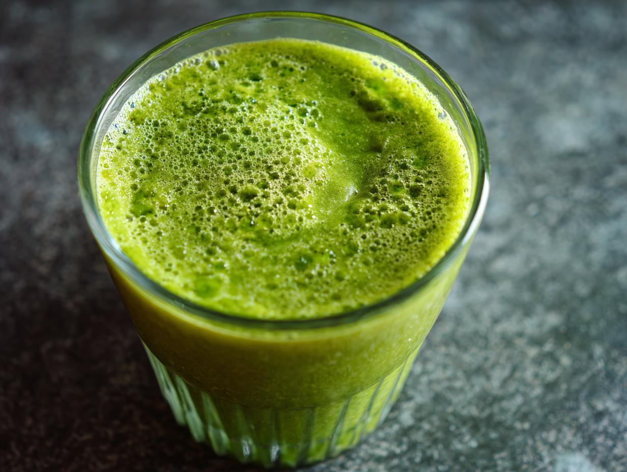 Close-up of a vibrant green detox smoothie in a glass, showcasing its frothy texture and healthy ingredients.