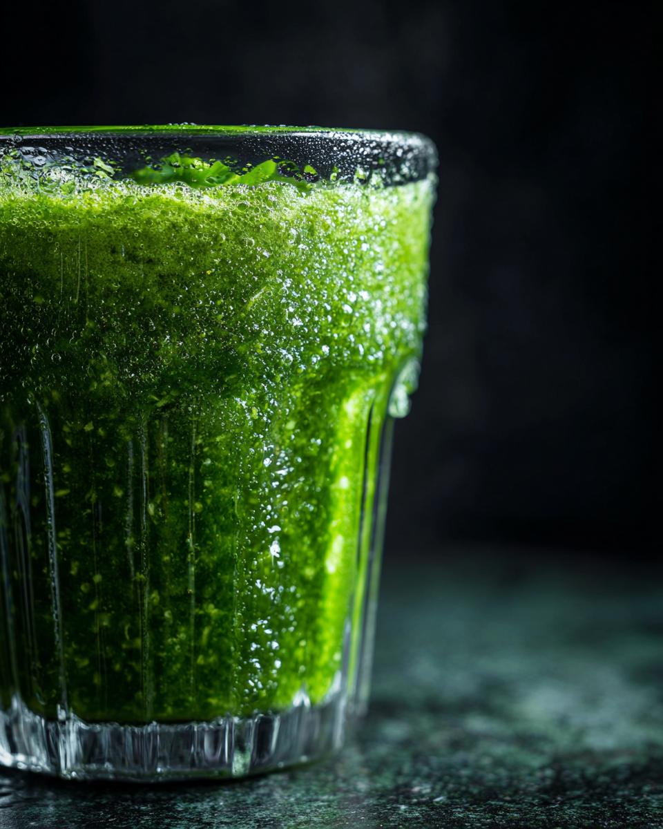 Close-up of a vibrant Green Detox Smoothie in a glass, showcasing its fresh, blended texture.