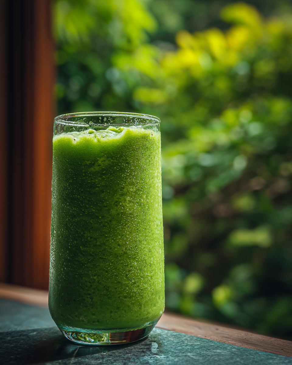 A vibrant Green Detox Smoothie in a glass, set against a lush green background.