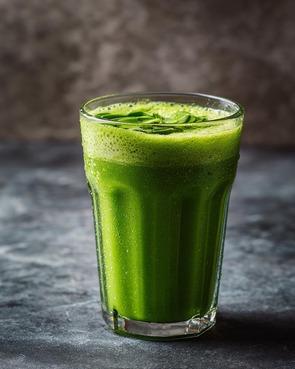 A glass filled with a vibrant Green Detox Smoothie, topped with greens, sitting on a textured surface.